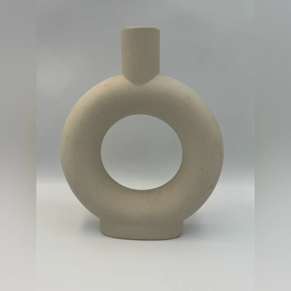 Beige Ceramic‎ Donut Vase Modern Minimalist Round Matte Decor 9in